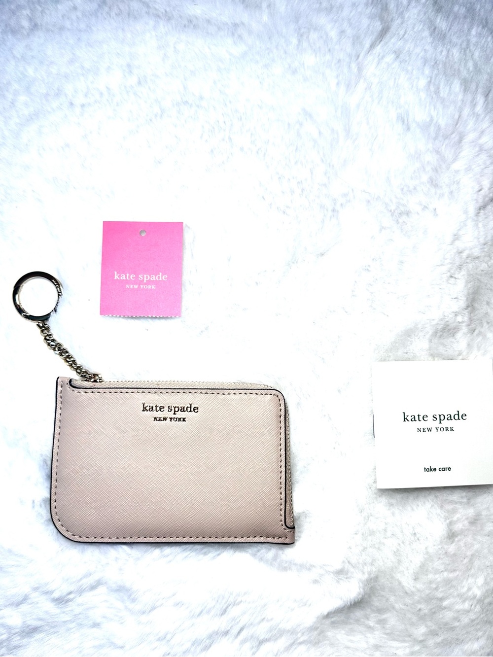 New KATE SPADE L Zip Card Holder Wallet Colorblock Cream & Black w Gold Chain